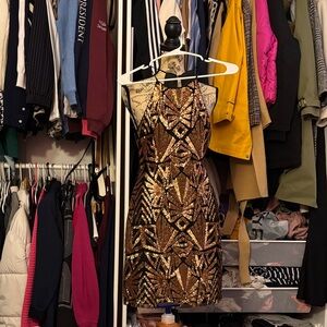 Everly Geometric Sequin Mini Dress in Gold and Black